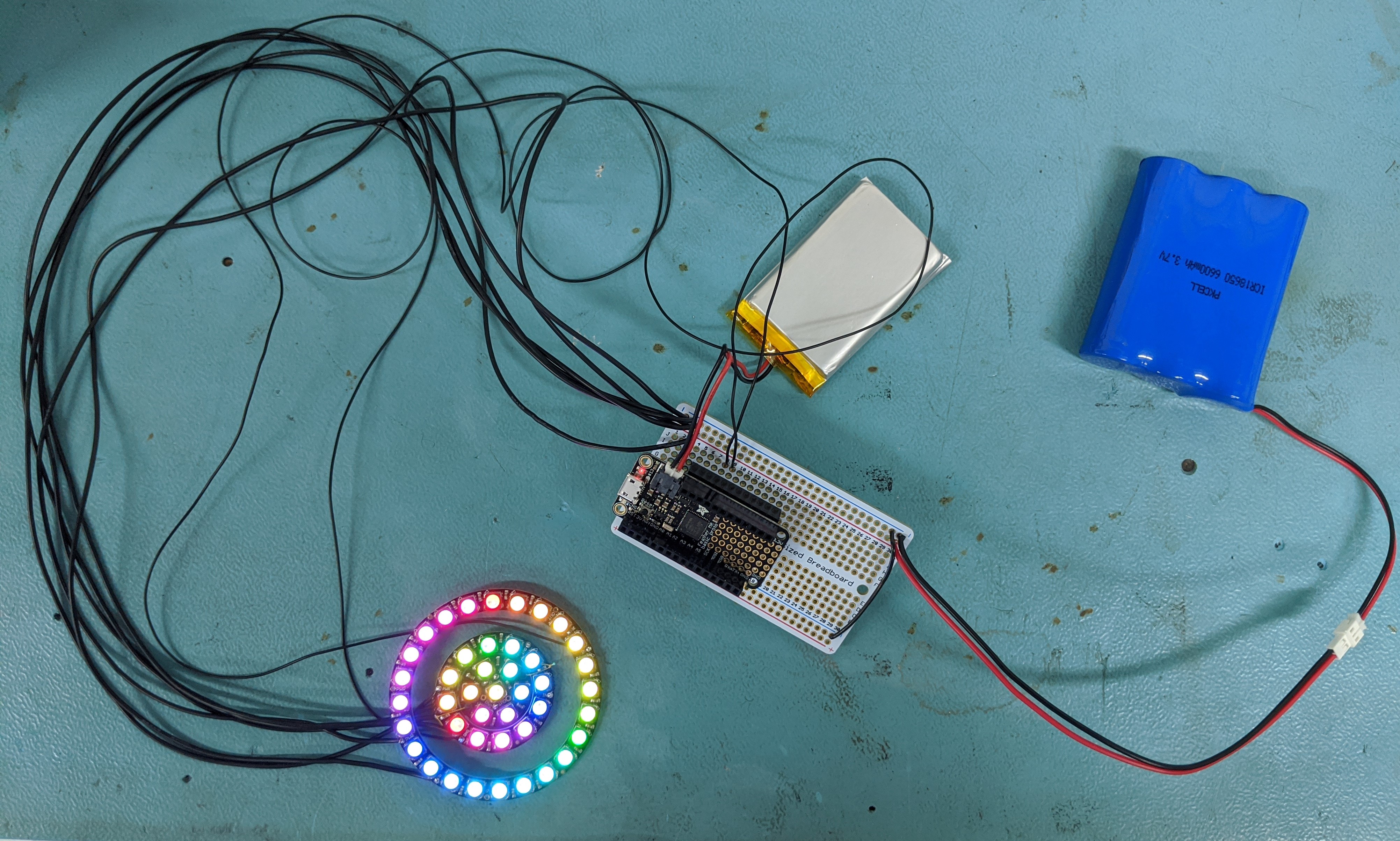 A picture of the LED rings wired to the microcontroller